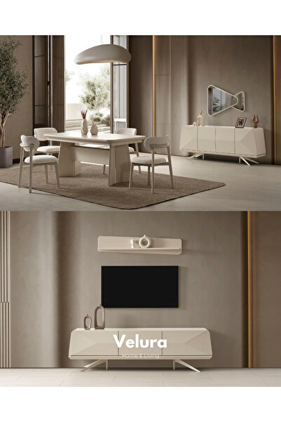 Velura Home & Living Vakko Yemek Odası Takımı - Krem (TV Ünitesi Dahil)