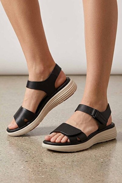 İnci Women's Black Sandals - Genuine Leather Casual Sandals with Thick Anatom...