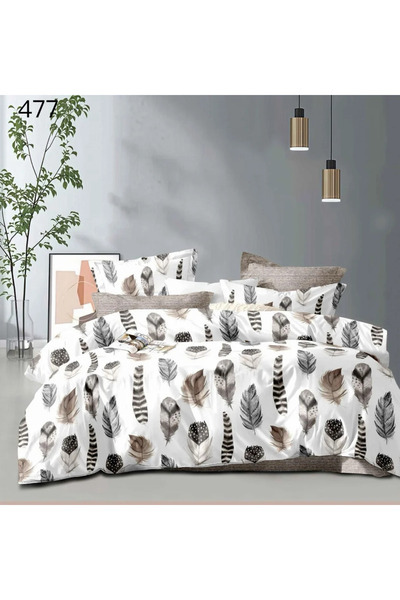 F&R Set de lenjerie de pat 6 piese, flanel, alb cu pene maro și gri-GR477