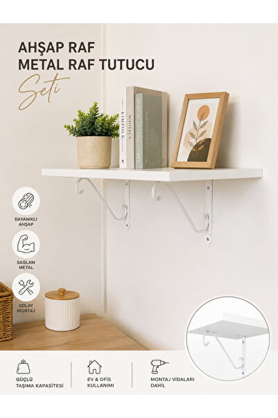 RafAks FERFORJE RAF TUTUCU VE BEYAZ AHŞAP RAF SETİ- 25X60 CM AHŞAP, 15X23 CM ...
