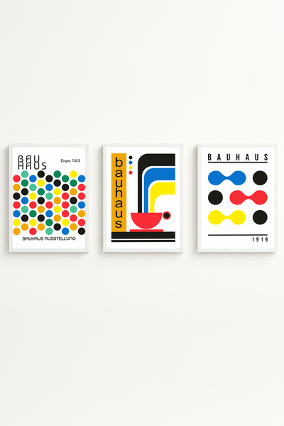 huhuli White Wooden Framed 3-Piece Bauhaus Painting Huhu526