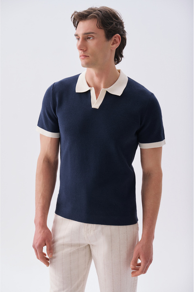 Mudo Men's Navy Blue Polo Collar Short Sleeve Knit Sweater