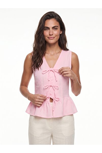 ONLOOX Pink Cotton Muslin V-Neck Peplum Form-Fitting Sleeveless Blouse with F...