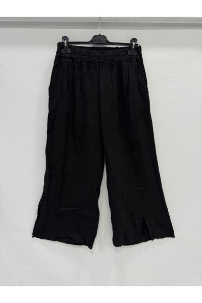 della moor Women's Black Italian Elastic Waist Loose Linen Trousers Size 40 - 44