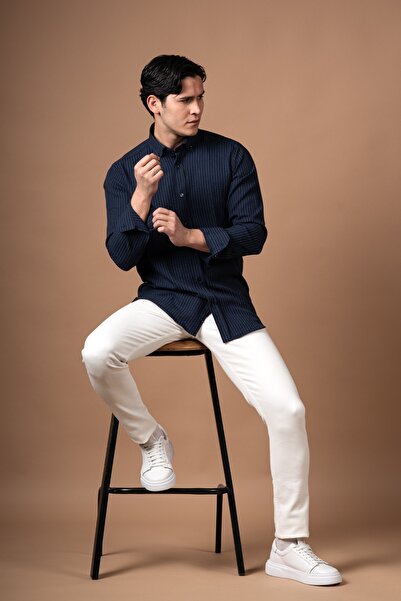 alenmeza Slimfit Collared Buttoned Lycra Stretch Fabric Striped Summer Shirt