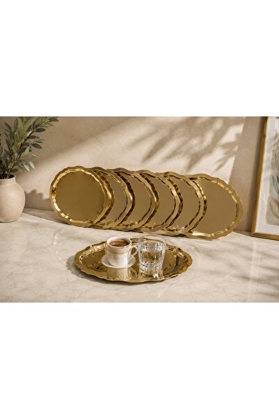 SUNVERA ÇELİK Paslanmaz Oval Dalgalı Gold Çay Kahve Söz Nişan Ve Sunum Tepsis...