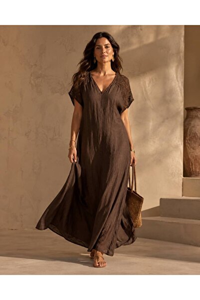 Punta Otantik Nc11255 Italian Shoulder Laced Back Tie Linen Dress Coffee