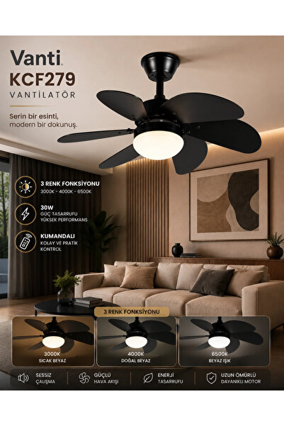 Kendal Vanti KCF279K Avizeli Vantilatör Siyah Ahşap 60W Kumandalı