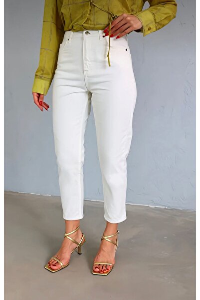 MRİABE High Waist Mom Boyfriend Women's Jeans L Comfortable Fit L Denim White