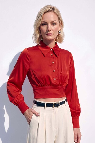 Sateen Button Detailed Satin Blouse - Red