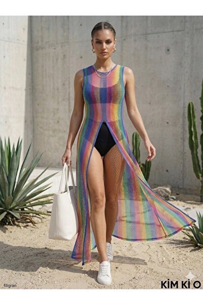 KİM Kİ O Rochie tunică de plajă Rainbow Mesh pentru femei - Rochie de festiva...