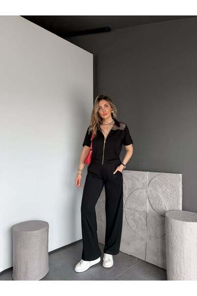 Siyah Omuzları Fileli Modal Takım