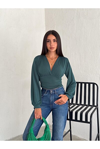 hiraz fashion Women's Emerald Green Sandy Fabric V-Neck Balloon Sleeve Blouse