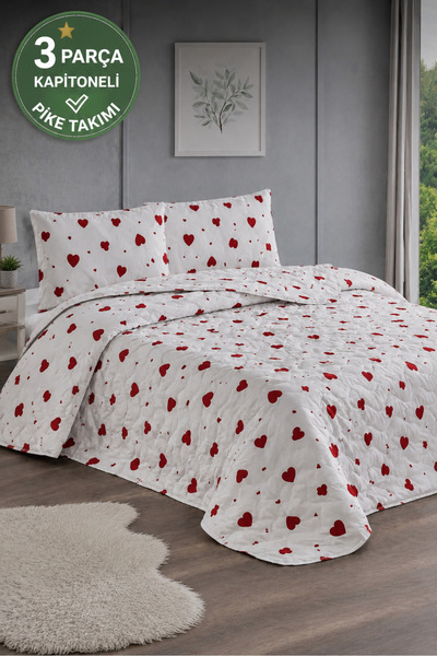 Shopyteks Çift Kişilik Yatak Örtüsü 200x220 Kapitoneli Pike Kalpli Yumuşak Ya...