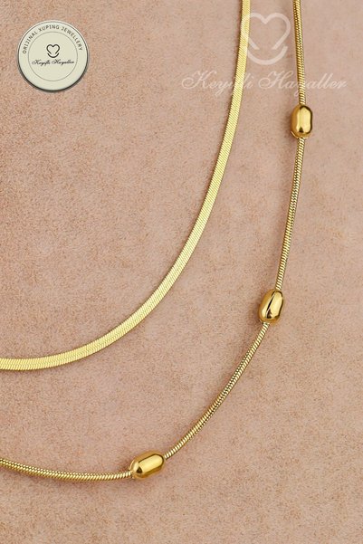 Keyifli Hayaller Kombin Steel Necklace - Steel Tarnish-Resistant 2-Piece Oval Dorica and Italian Chain 100% Steel Necklace 41+5cm