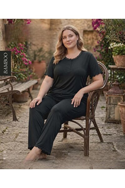 DERYA Women's Bambo Large Size Button Collar Slim Short Sleeve Pajama Set 794...
