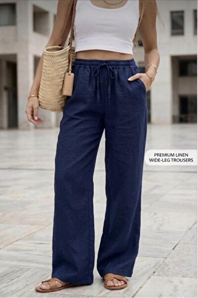 glanour Navy Blue Women's High-Waisted Linen-Look Wide-Leg Trousers - Summer ...