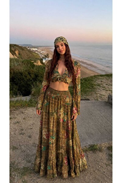 CES.İZ Women's Brown Indian Embroidered Double Set Boho Authentic Crop Blouse...