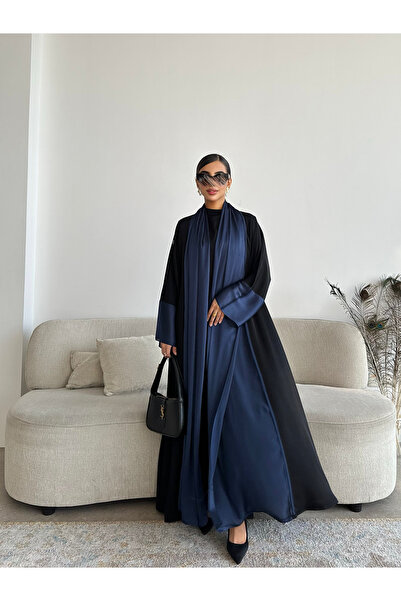 outline Elegant Abaya with Navy Blue Detailing and Elastic Shawl for a Modern...