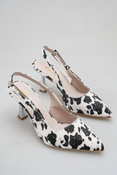 SENASTİL 050 Women's Leopard Textured Stone Detailed Slingback Stiletto Metal...