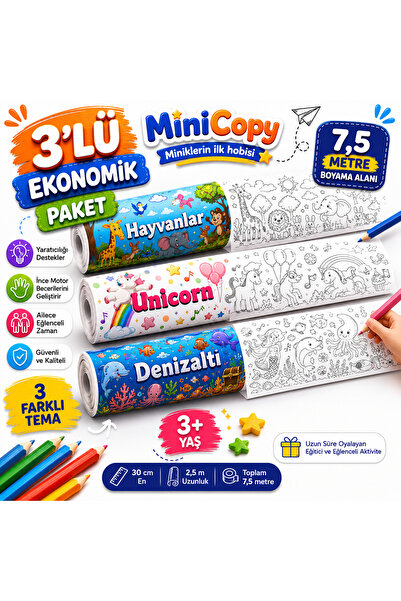 BiWini MiniCopy 3’lü Dev Boyama Kağıdı Seti – 7,5 Metre Eğlence – 3 Farklı Te...