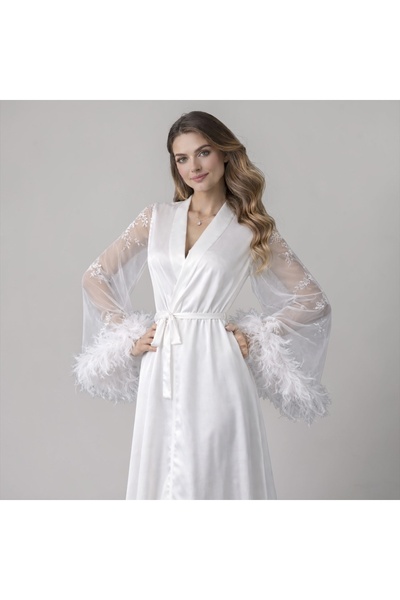 VELVIA Satin Robe with Chiffon Sleeves and Feather Trim