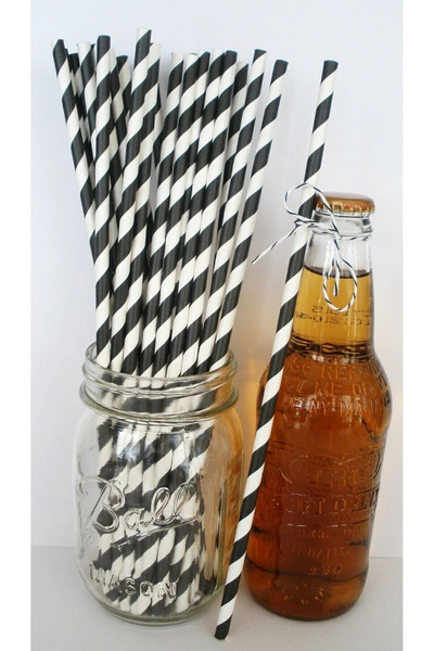 alenked Black Striped Paper Straw 6mm X 19.7 Cm-50 Pieces