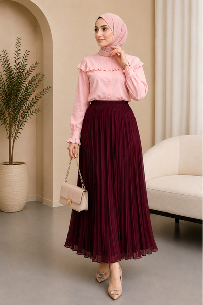 SADEL Hafif Dokulu Modern Kesim Kraş Etek - Bordo