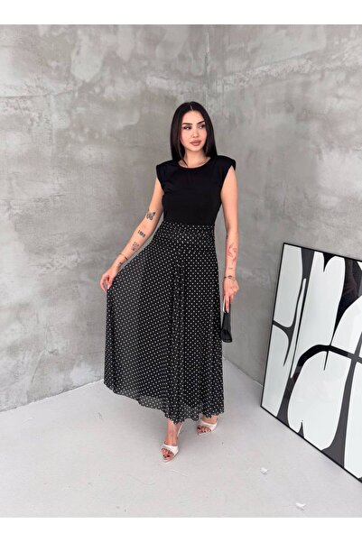 BLUSS Women's Padded Polka Dot Midi Length Stylish Summer Dress