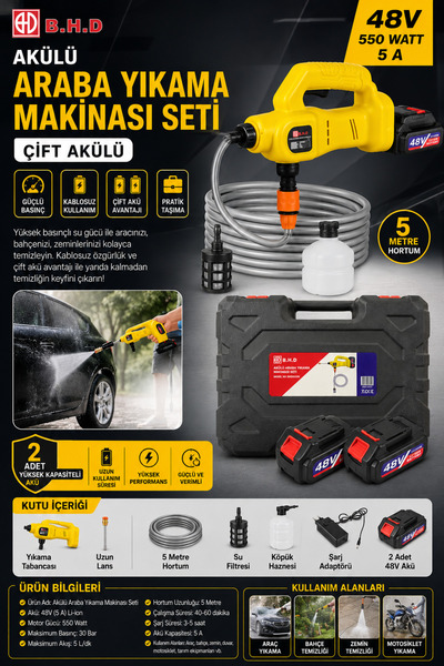 Bhd Akülü Araba Yıkama Makinası Seti Çift Akülü 5 Metre Hortum 5 A -48V-550 Watt
