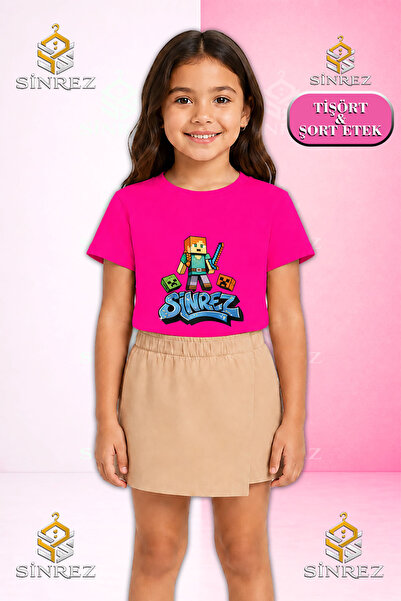 SİNREZ Girls' Set Aleksa Kiz Printed Short Sleeve T-Shirt Shorts Skirt