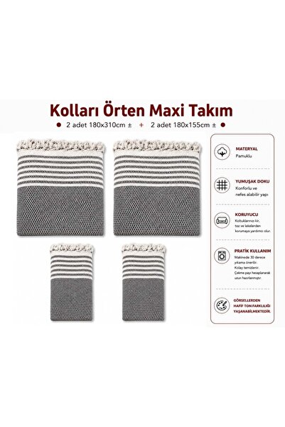 Mandaş Dark Gray - Cotton Non-Slip Wicker Woven Armrest Covering Maxi Sofa Co...