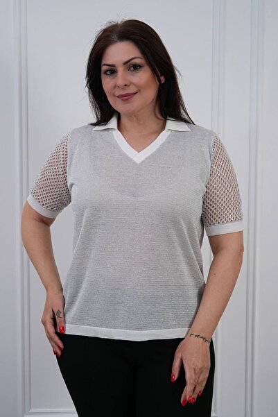 D LAVELLA Kadın Büyük Beden Polo Yaka Kolları Ajurlu Merserize Triko Bluz