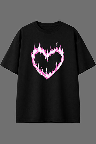 VSRN Pink Heart Flame Design Pre-Printed Black Oversize T-Shirt