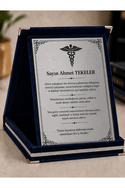 siverek reklam Kişiye Özel Doktor Teşekkür Plaketi 16x21 cm – Lacivert Kadife...