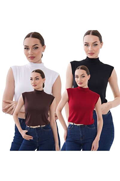 bykombincim Kadın 4'lü Sıfır Kol Kolsuz Body VİSKON Yarım Boğazlı Body 4 Adet