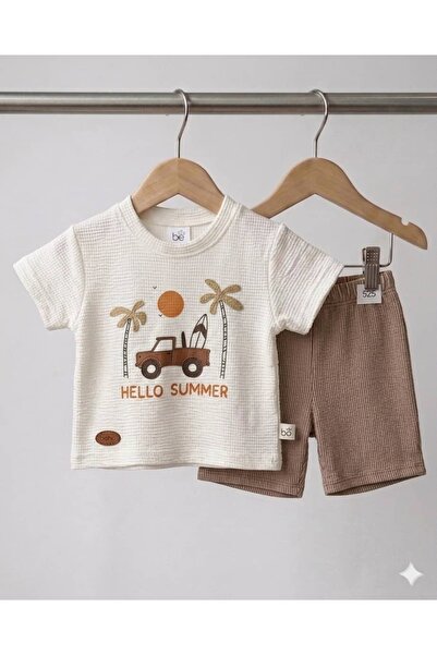 KapsülBebek طقم صيفي رجالي من Hello Summer Waffle - 100% قطن