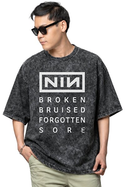 SEVBANO Nin Rock Metal Music Band Printed Unisex Oversize Vintage Washed T-Shirt