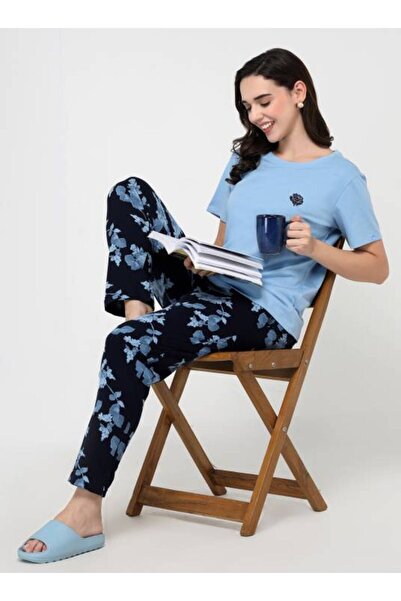 ParisBeauty MIDNIGHT ROSE PRINTED PYJAMA WITH LIGHT BLUE T-SHIRT SET - MIDNIG...