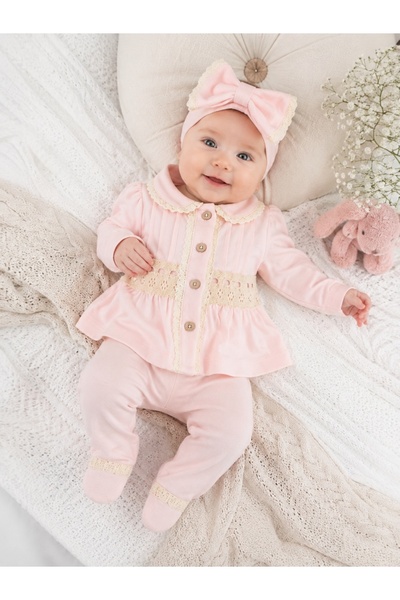 Pure Boutique Compleu elegant bebe fetita roz pudrat cu bentita si dantela 3 ...