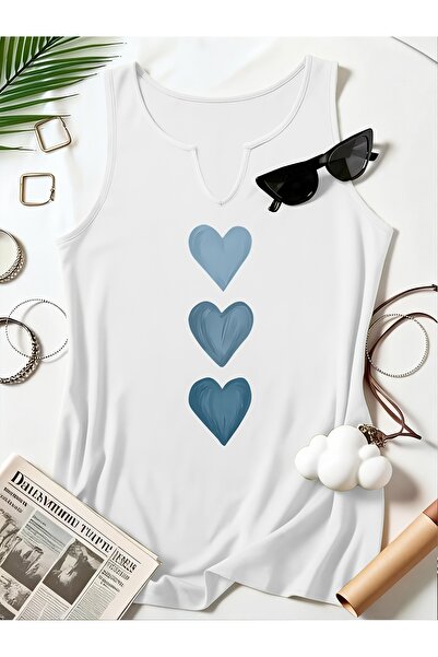 Deocept Women's Hearts Printed Half V-Neck Sleeveless Regular Fit Casual T-Shirt