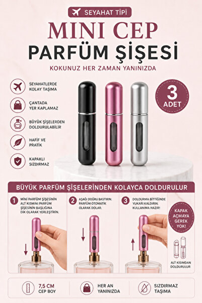 3 ADET SEYAHAT TİPİ TAŞINABİLİR VE DOLDURULABİLİR ŞIK METAL PARFÜM ŞİŞESİ 7,5 CM