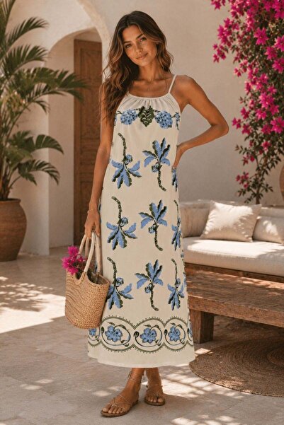Mossta Strappy Straight Neckline Floral Patterned Long Single Jersey Dress - ...