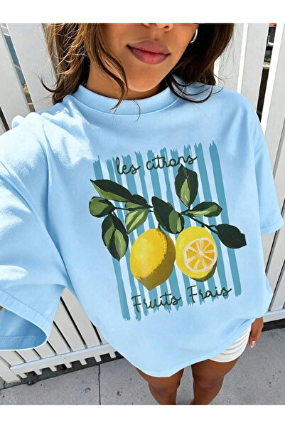 SUNFREE Lemon Line Printed Oversize Basic Short Sleeve Women's Tshirt