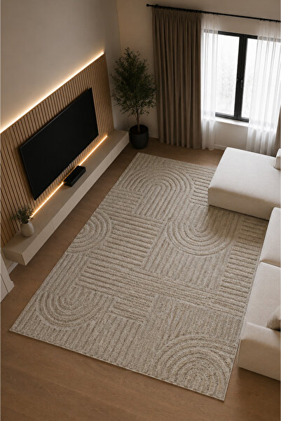 TCH Home Living Arktis Bej İskandinav Yumuşak Jüt Taban Dokuma Halı Salon Mut...