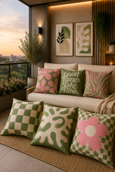 stellahomes Modern Balkon Dekoratif Kırlent Kılıfı Seti 6’lı Yeşil Pembe Çiçe...