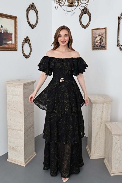 Elbee Fashion Woman Siyah Kat Kat Fırfırlı Elbise