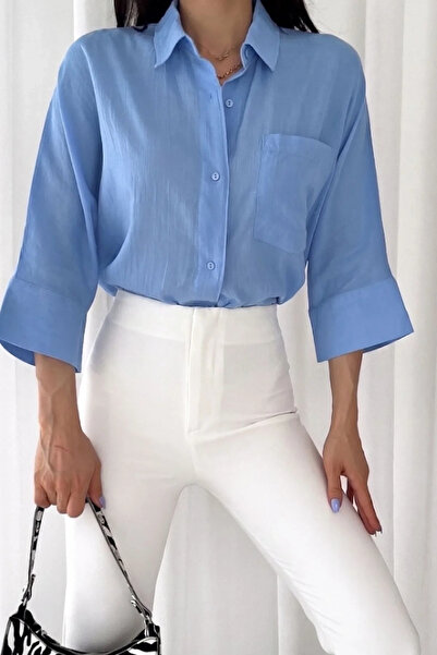 bysoca Women's Light Blue Cotton Oversize Fakir Sleeve Shirt Collar Wide Fit ...