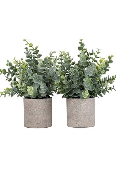 Arabest 2-Piece Artificial Eucalyptus Potted Plant Set,Small Faux Plants in P...