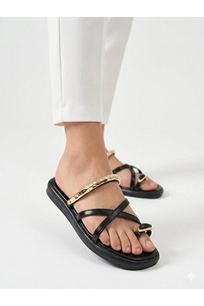 Lütfi Women's Black Gold Ring Detailed Soft Sole Casual Flip Flops